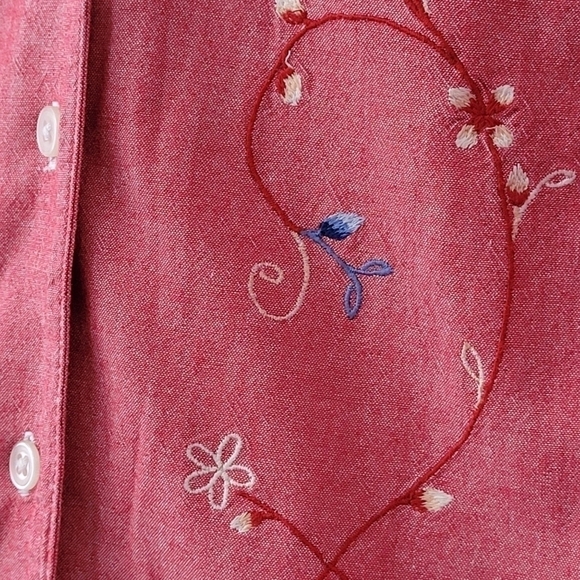 PINK Sleeveless Blouse Cotton Button Up Embroidered Collared Tank LG - Picture 4 of 7